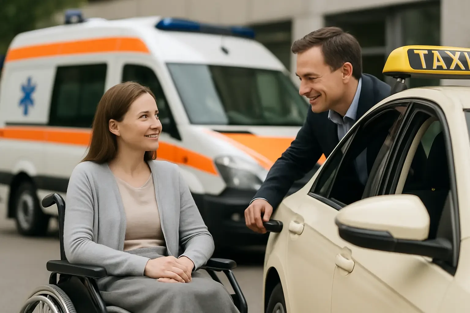 Beste Optionen Krankenfahrt Chemnitz – Patientin wird am Taxi abgeholt, Rettungswagen im Hintergrund