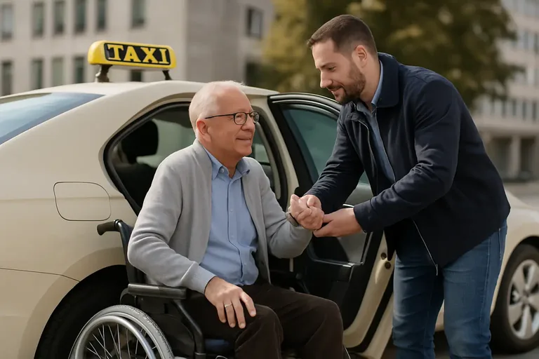 Dialysefahrt Taxi Chemnitz – Fahrer unterstützt Patient beim Einsteigen