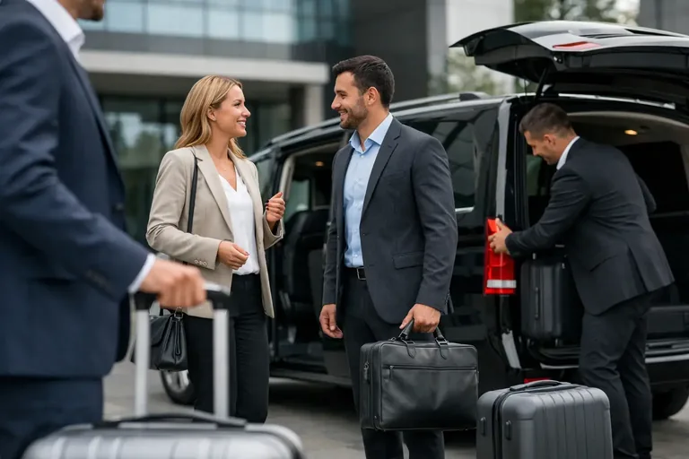 Firmenfahrten in Chemnitz organisieren – Geschäftsreisende vor Fahrzeug mit Gepäck