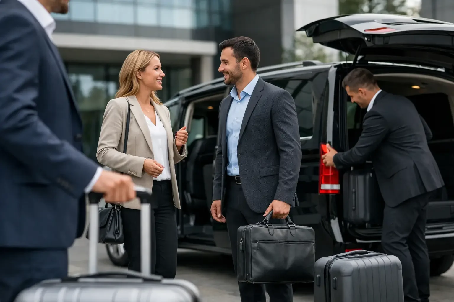 Firmenfahrten in Chemnitz organisieren – Geschäftsreisende vor Fahrzeug mit Gepäck