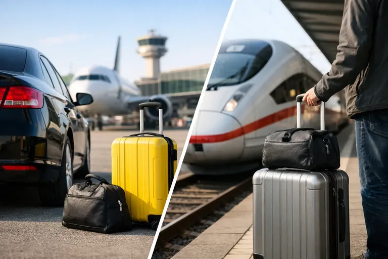 Flughafentaxi oder Bahnreise vergleichen – Gepäck vor Flugzeug und ICE