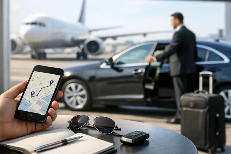 Flughafentransfer ab Chemnitz im Voraus planen – Smartphone mit Route vor Flughafenfahrzeug