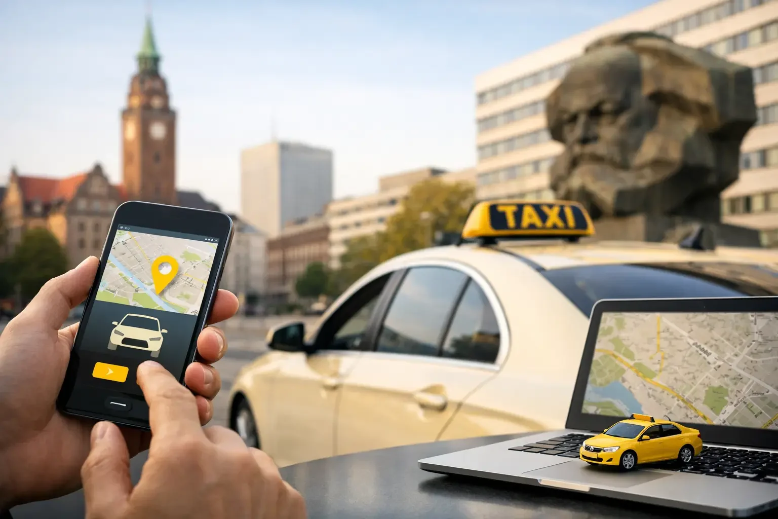Taxi Chemnitz 24h online buchen – Smartphone vor Taxi am Karl-Marx-Monument