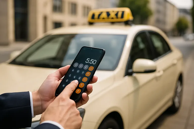Taxipreis in Chemnitz einschätzen – Smartphone mit Rechner vor Taxi