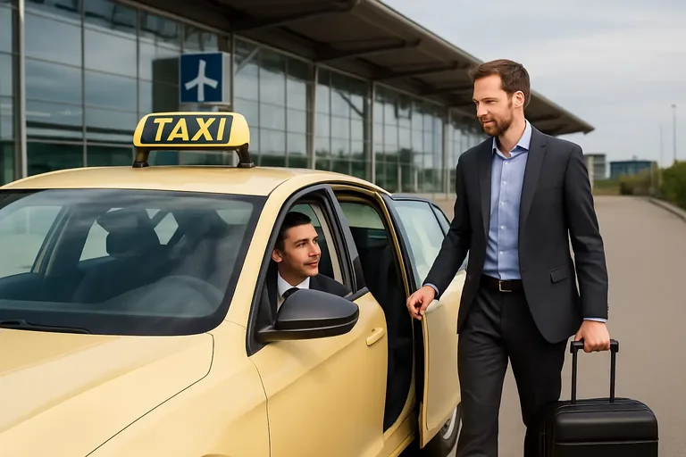 Flughafentransfer: Fahrgast steigt am Terminal in ein Taxi – Flughafen Dresden ab Chemnitz