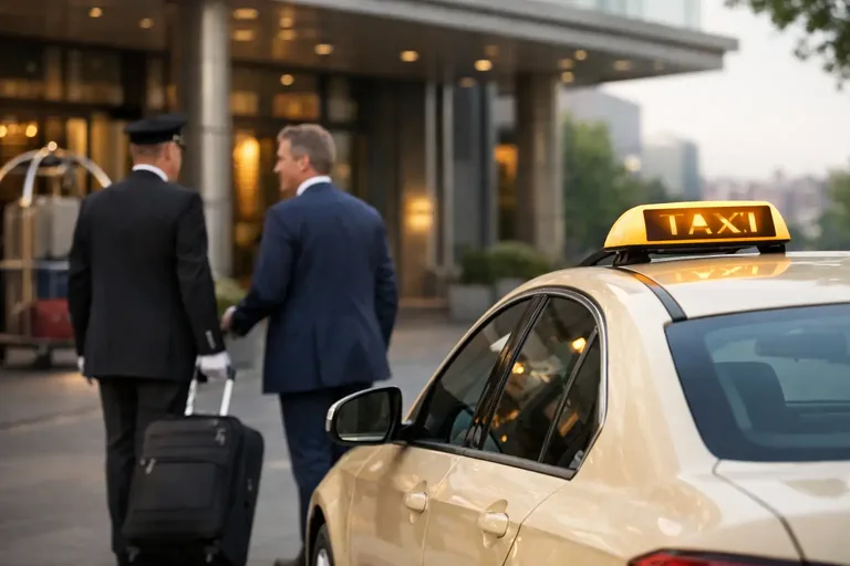 Taxi für Hotelgäste in Chemnitz – Geschäftsreisende vor Hotel und Fahrzeug