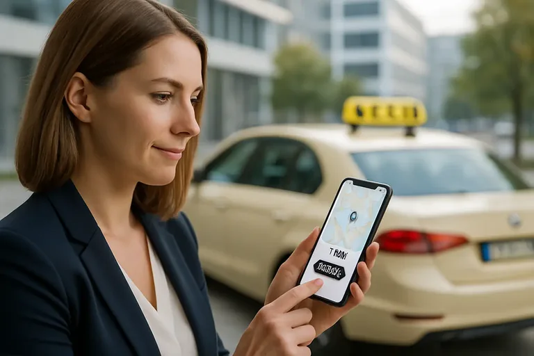Taxi Chemnitz Terminbestellung: Fahrgast bestellt Taxi vor – Smartphone vor Taxi